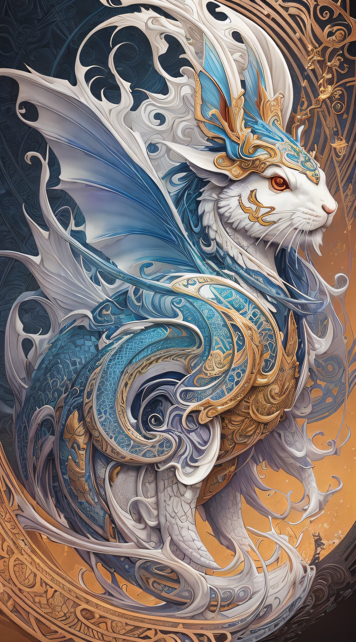 dispersão subterrânea, branco, demanda, divindade coelho com armadura de dragão, arte nouveau swirls, cores vibrantes, renderização de octanagem, por Jesper Ejsing, james jean, Justin Gerard, Tomasz Alen Kopera, sociedade cg e fenghua zhong, Altamente detalhado, luz de aro, arte, iluminação cinematográfica, muito coerente, hiper-realismo, alto detalhe, 8 k --auto --s2