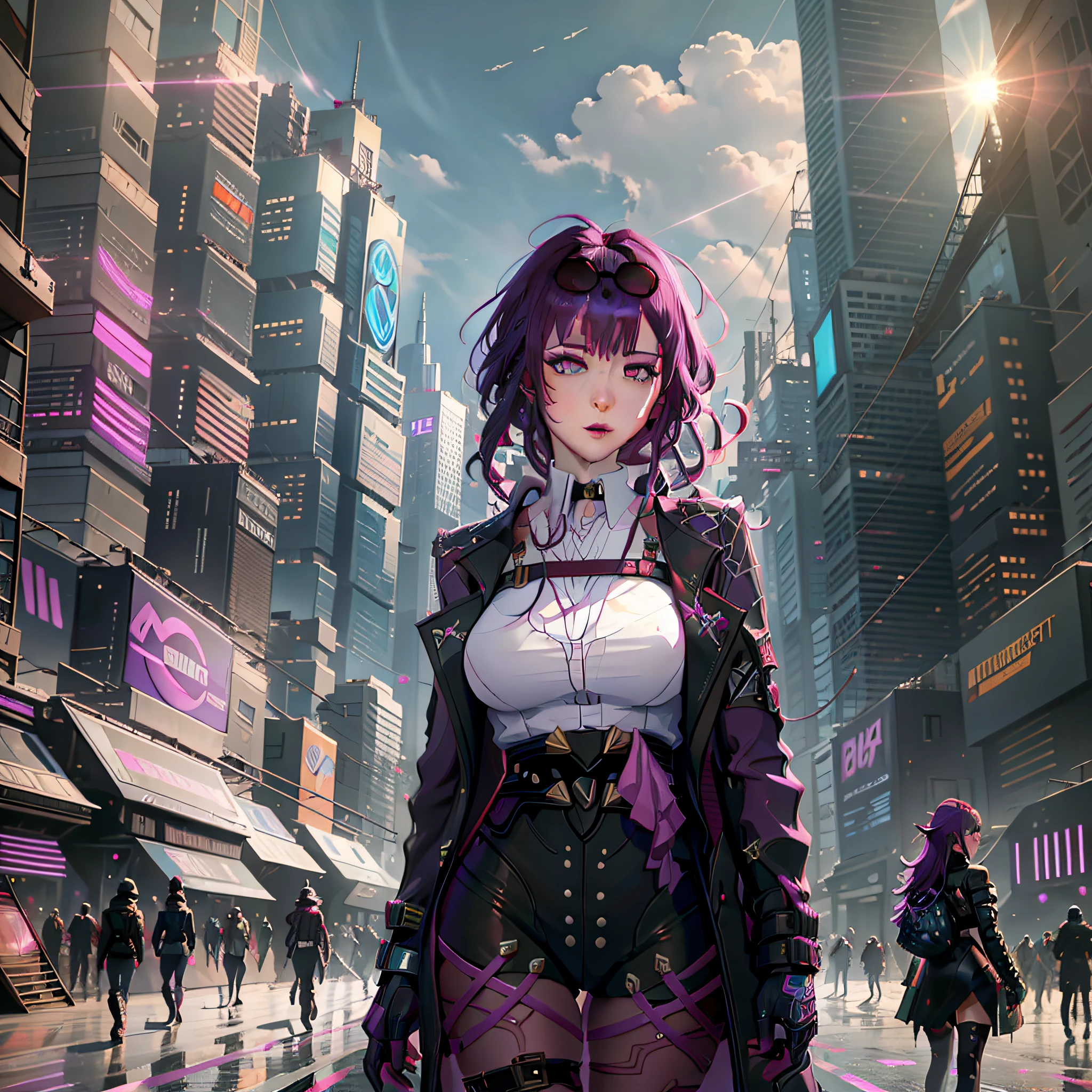 masterpiece, best quality, purple hair, purple eyes, sunglasses, light, reality, photos, science_fiction, huge_filesize, in cyberpunk city, steam, masterpiece, best quality, official art, very detailed CG Unity 8k wallpaper, girl, solo, pretty girl, incredibly_absurdres, giant breasts, bust