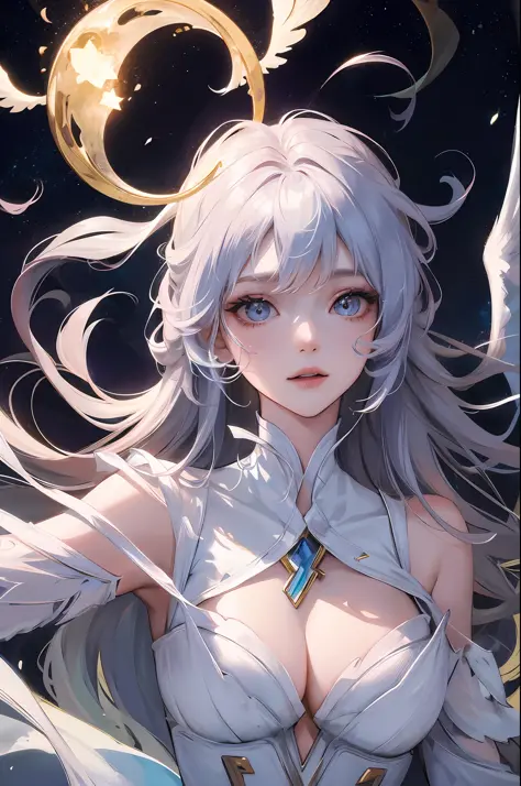 best quality, masterpiece, anime style, a beautiful woman angel,floating in the air ,four lightning white wings ,moon, nebula, shooting stars, wearing a beautiful white dress, ultra beautiful detailed eyes, ,Precise iris depiction,looking at the viewer wit...