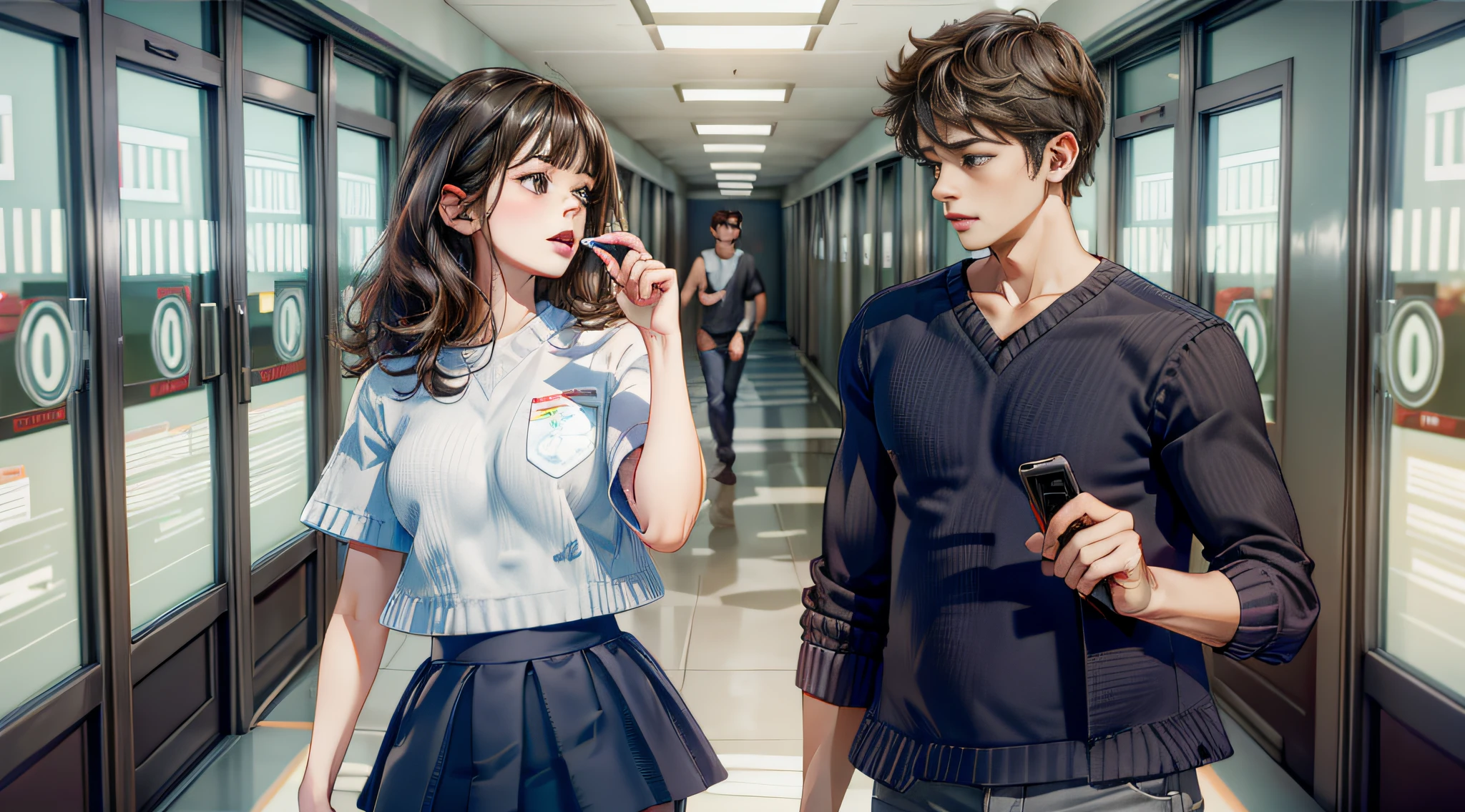 Boy and girl walking together, background is hospital corridor: 1.6, people account for 2/4, (girl: 23 years old, curly, long hair, brunette hair, casual wear, slim), (boy: 23 years old, short hair, straight hair, black hair, bangs, casual wear), stereogram, anime, UHD, textured skin, high quality, high detail --auto --s2