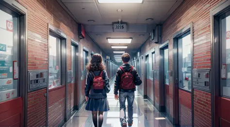 Boy and girl walking together, background is hospital corridor: 1.6, people account for 2/4, (girl: 23 years old, curly, long ha...