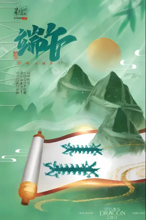 there is a poster with a picture of a mountain and a scroll, poster illustration, vibrant tourism poster, artwork in the style of z.w. gu, inspired by Dong Yuan, illustrated poster, poster design, poster, chinese watercolor style, travel poster, inspired b...