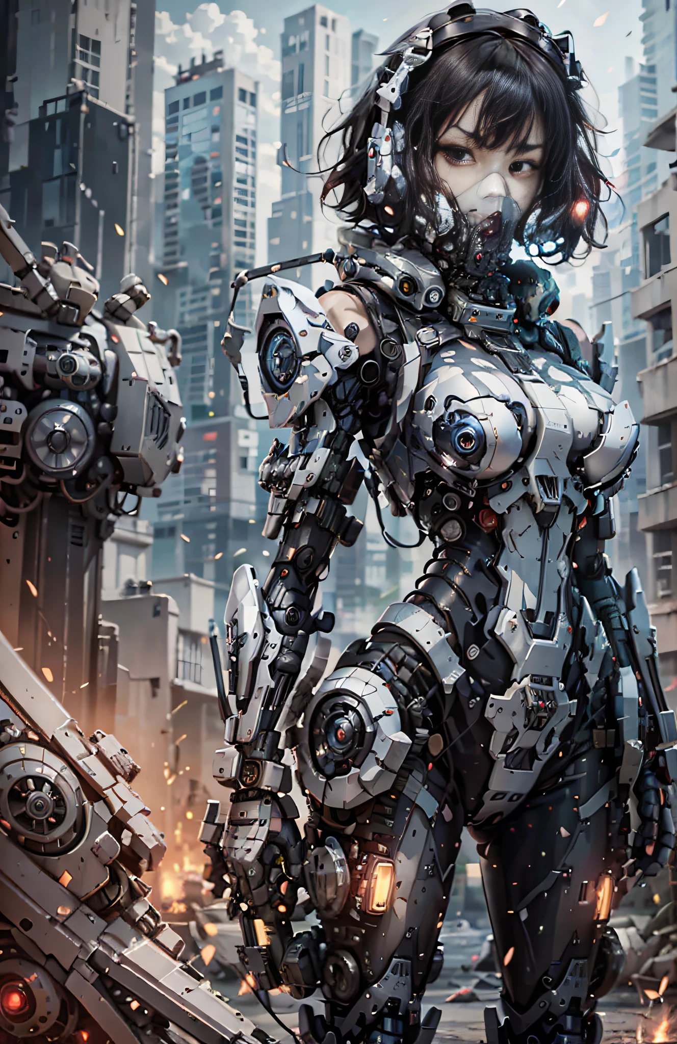 This is a CG Unity 8k wallpaper with ultra-detailed, high-resolution and top quality in cyberpunk style, dominated by black and red. In the picture, a beautiful girl with white messy short hair, a delicate face, wearing a steam mecha mask, standing on the ruins, behind her is a huge robot, and the action of a woman holding a heavy sniper rifle in her hand,