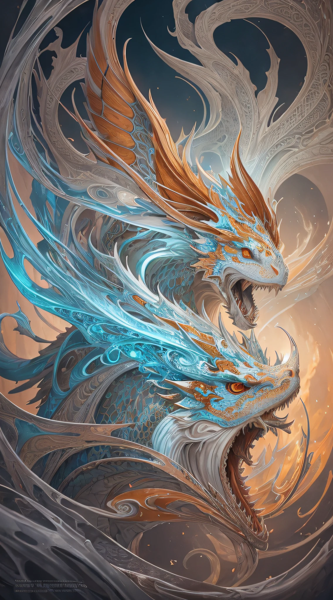 A digital painting of a dragon with a blue and orange tail - SeaArt AI
