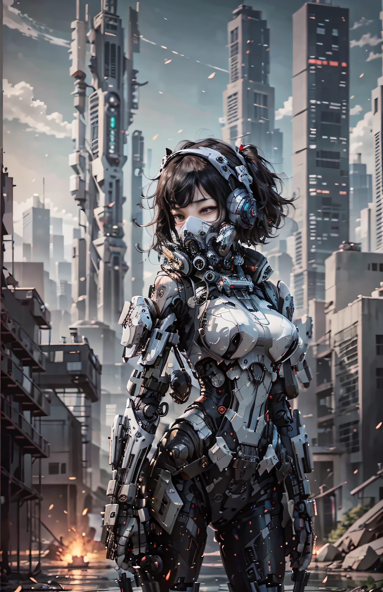 Este é um papel de parede CG Unity 8k com ultra-detalhado, alta resolução e qualidade superior no estilo cyberpunk, dominado por preto e vermelho. Na foto, uma linda garota com cabelo curto branco bagunçado, um rosto delicado, usando uma máscara de vapor mecha, de pé sobre as ruínas, Atrás dela está um enorme robô, e a ação de uma mulher segurando um rifle de precisão pesado na mão,