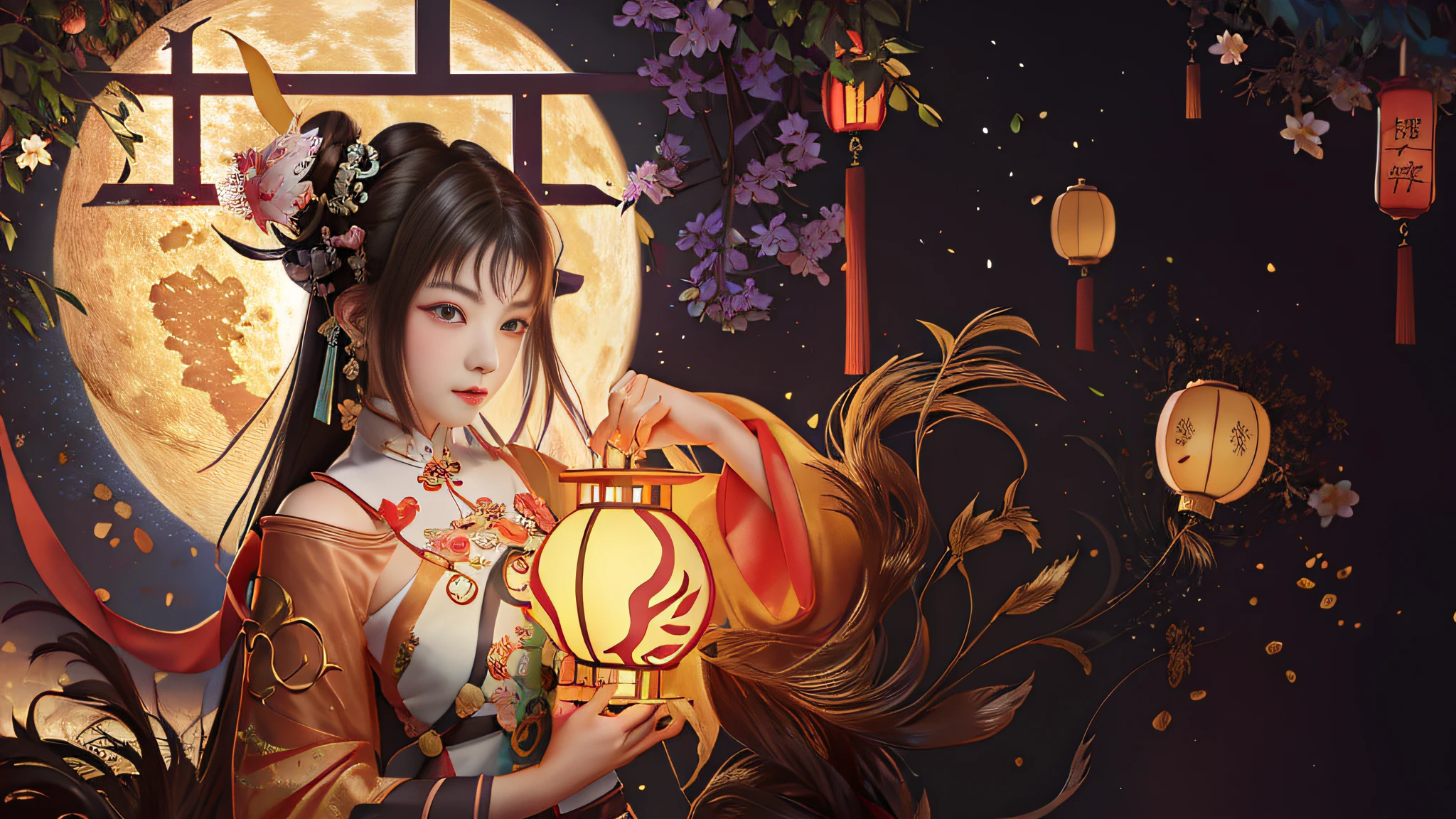 there is a woman holding a box in front of a full moon, girl under lantern, palace ， a girl in hanfu, a beautiful artwork illustration, holding a lantern, inspired by Lü Ji, chinese style painting, by Yang J, digital anime illustration, background artwork, ancient chinese princess, artwork in the style of guweiz, chinese painting style