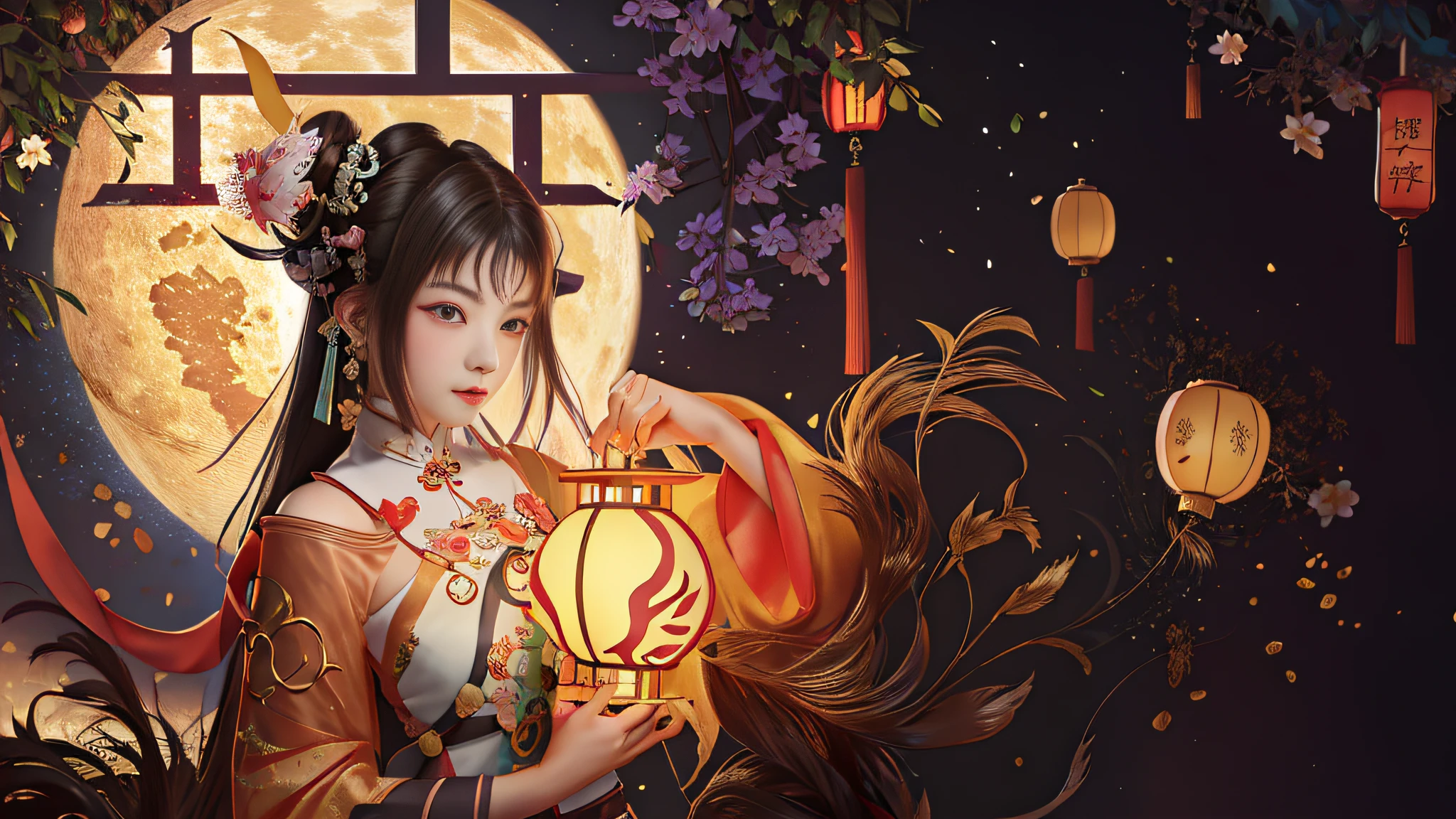 il y a une femme tenant une boîte devant la pleine lune, fille sous la lanterne, palais ， une fille en hanfu, une belle illustration d&#39;œuvre d&#39;art, tenant une lanterne, inspiré de Lü Ji, peinture de style chinois, par Yang J., illustration numérique d&#39;anime, oeuvre d&#39;arrière-plan, ancienne princesse chinoise, oeuvre d&#39;art dans le style de guweiz, Style de peinture chinoise