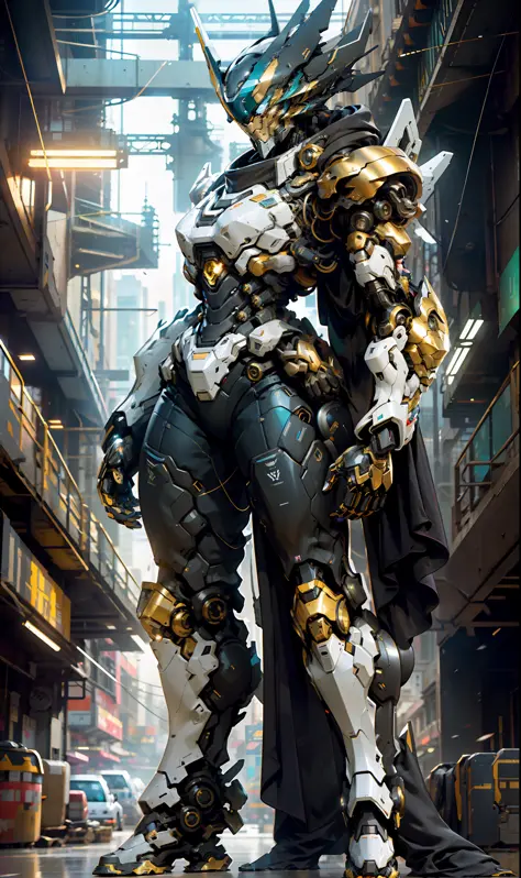 1 woman inside a huge bulky exoskeleton  robot  , ((bulky)) armor, crystal mecha, psychedelic details,
9d,(city war background),...