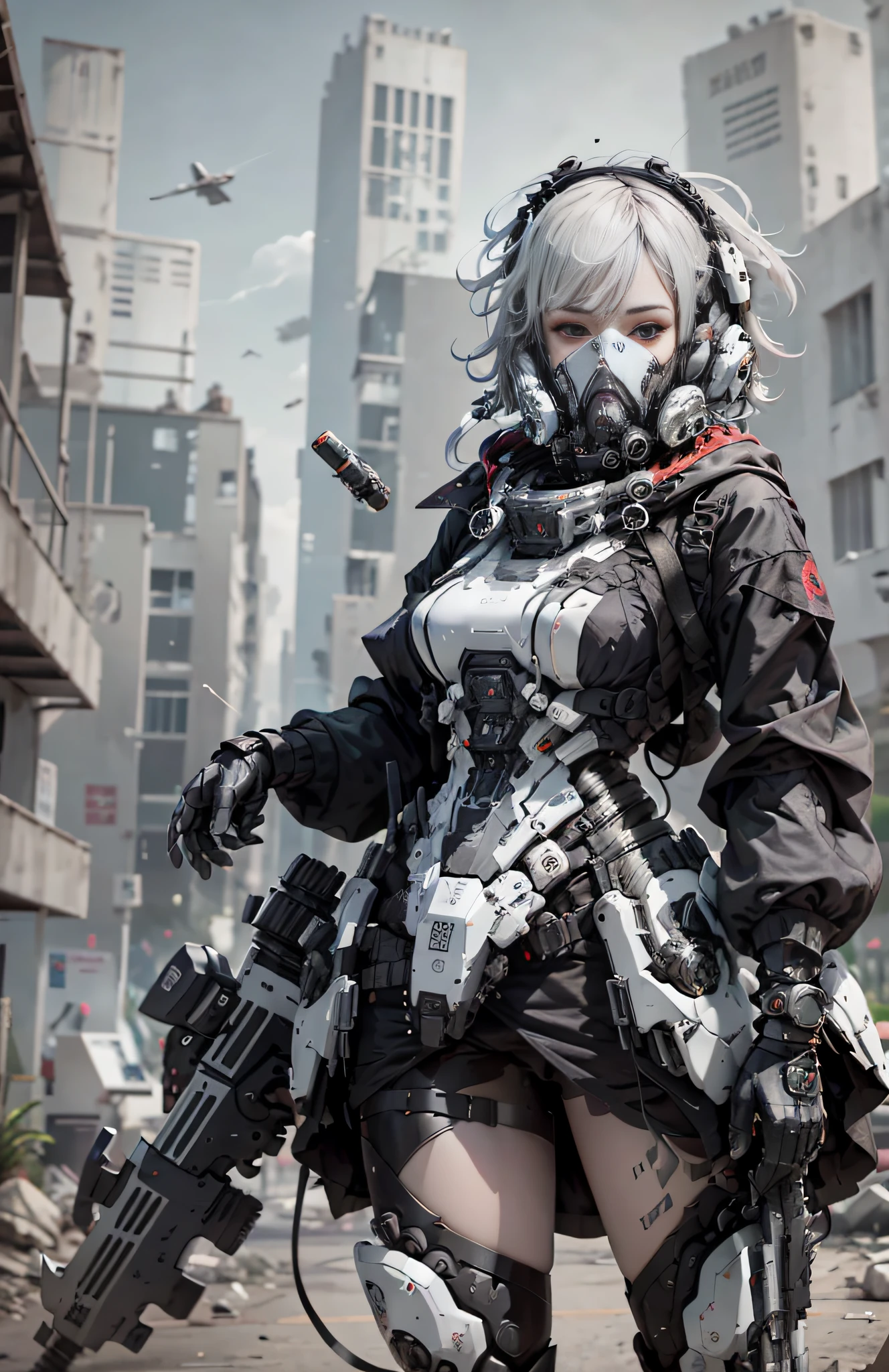 This is a super detailed, super high facial detail, high resolution and top quality CG Unity 8k wallpaper, the style is cyberpunk, mainly black and red. In the picture, a beautiful girl with white messy short hair, a delicate face, wearing a steam mecha mask, standing on the ruins, behind her is a huge robot, and the action of a woman holding a heavy sniper rifle in her hand,