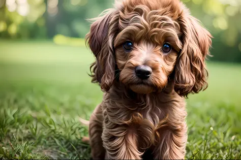 1teddy Dog, poodle, small dog, lovable, brown dog, full body brown dog hair, curely hair, dog eyes, light blue eye, sit, during the day, sitting on grasses, long hair, beautiful detailed eyes, extremely detailed eyes and face, light on face, cute, best qua...