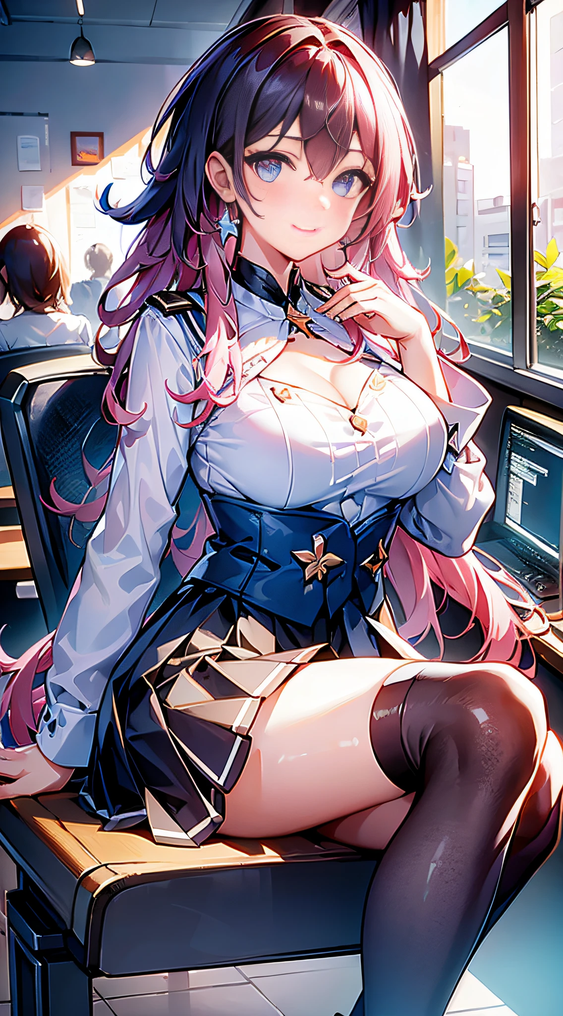 7thmarch, 7th_march, honkai star rail, 1girl, solo, ((white shirt)), black thighhighs, breasts, cleavage, uniform, office background, black skirt, pleated skirt, office, hair between eyes, blue earring, large breasts, long hair, looking at viewer, pink short nails, blue eyes, solo, thighhighs, thighs, ((masterpiece)), sitting, chair, desk, computer on desk, name tag, id tag, indoor, blush, sexy pose, hands behind,