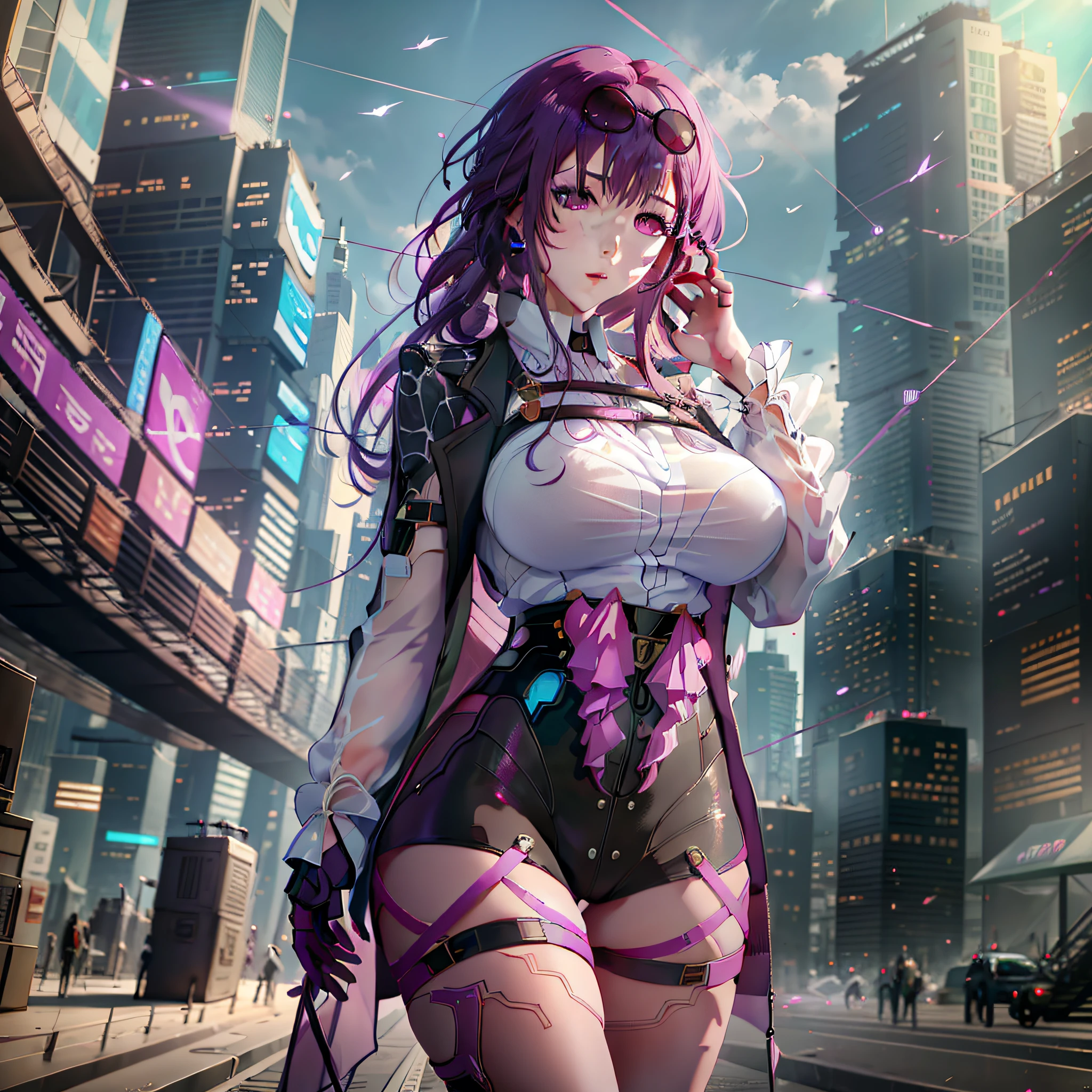 anime girl wearing fully transparent clothes, masterpiece, best quality, purple hair, purple eyes, sunglasses, light, reality, photos, science_fiction, huge_filesize, in cyberpunk city, steam, masterpiece, best quality, official art, very detailed CG Unity 8k wallpaper, girl, solo, beautiful girl, incredibly_absurdres, giant breasts, bust