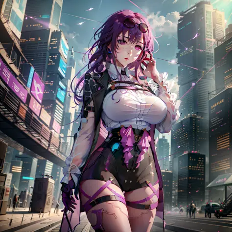 anime girl wearing fully transparent clothes, masterpiece, best quality, purple hair, purple eyes, sunglasses, light, reality, p...