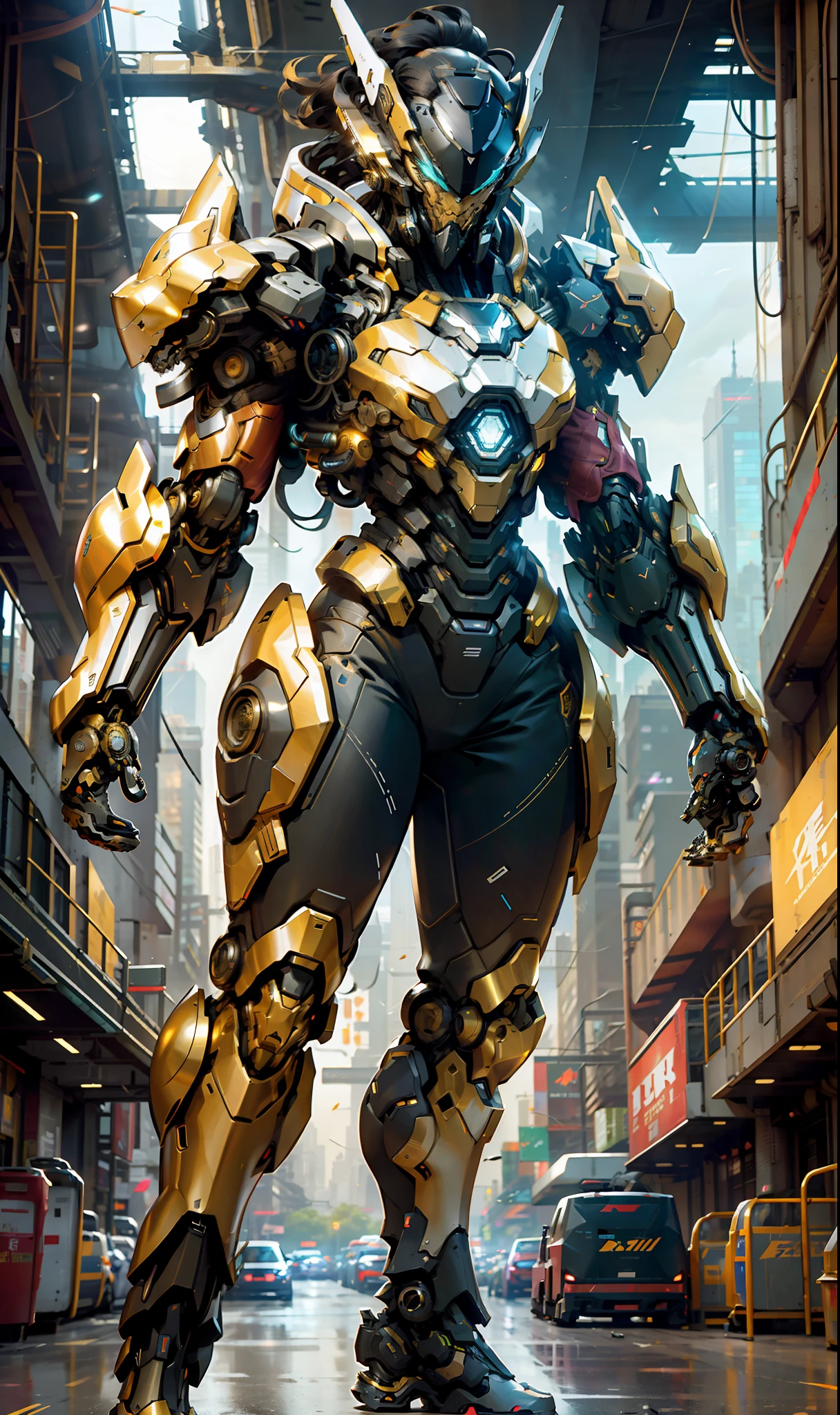 1 woman inside a huge 笨重 exoskeleton  robot  , ((笨重)) 盔甲, 水晶機甲, 迷幻細節,
9天,(城市戰爭背景), 清晰的线条,  負空間, 高對比度, 漸層色, (金黑色),展示全身肖像 , 最佳影像品質, 完美的分辨率, 穆迪, 銳利的焦點