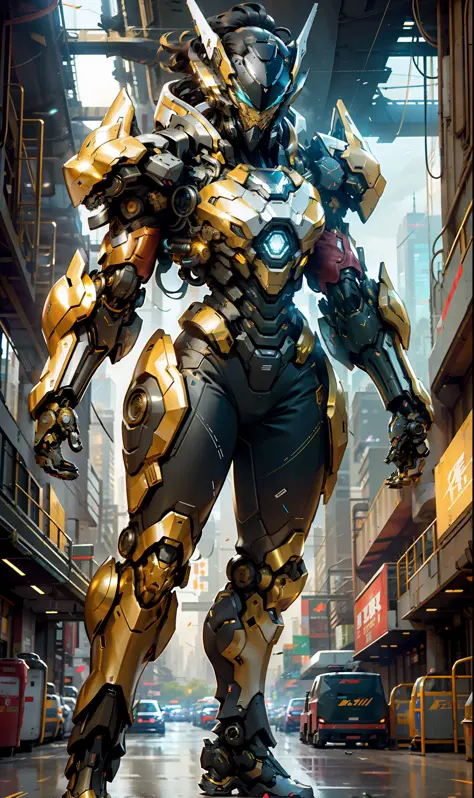 1 woman inside a huge bulky exoskeleton  robot  , ((bulky)) armor, crystal mecha, psychedelic details,
9d,(city war background),...