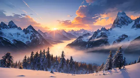 ((masterpiece,best quality,ultra detailed,ultra high res,detailed background)),sunrise,alpine, floe,river,cumulonimbus cloud,woo...