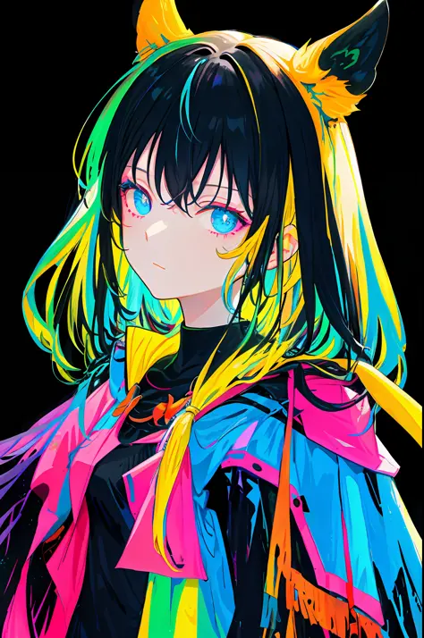 Multicolored, 1girl, night, dark, black hair, looking at the audience, upper body, facing the audience, limited color palette, b...