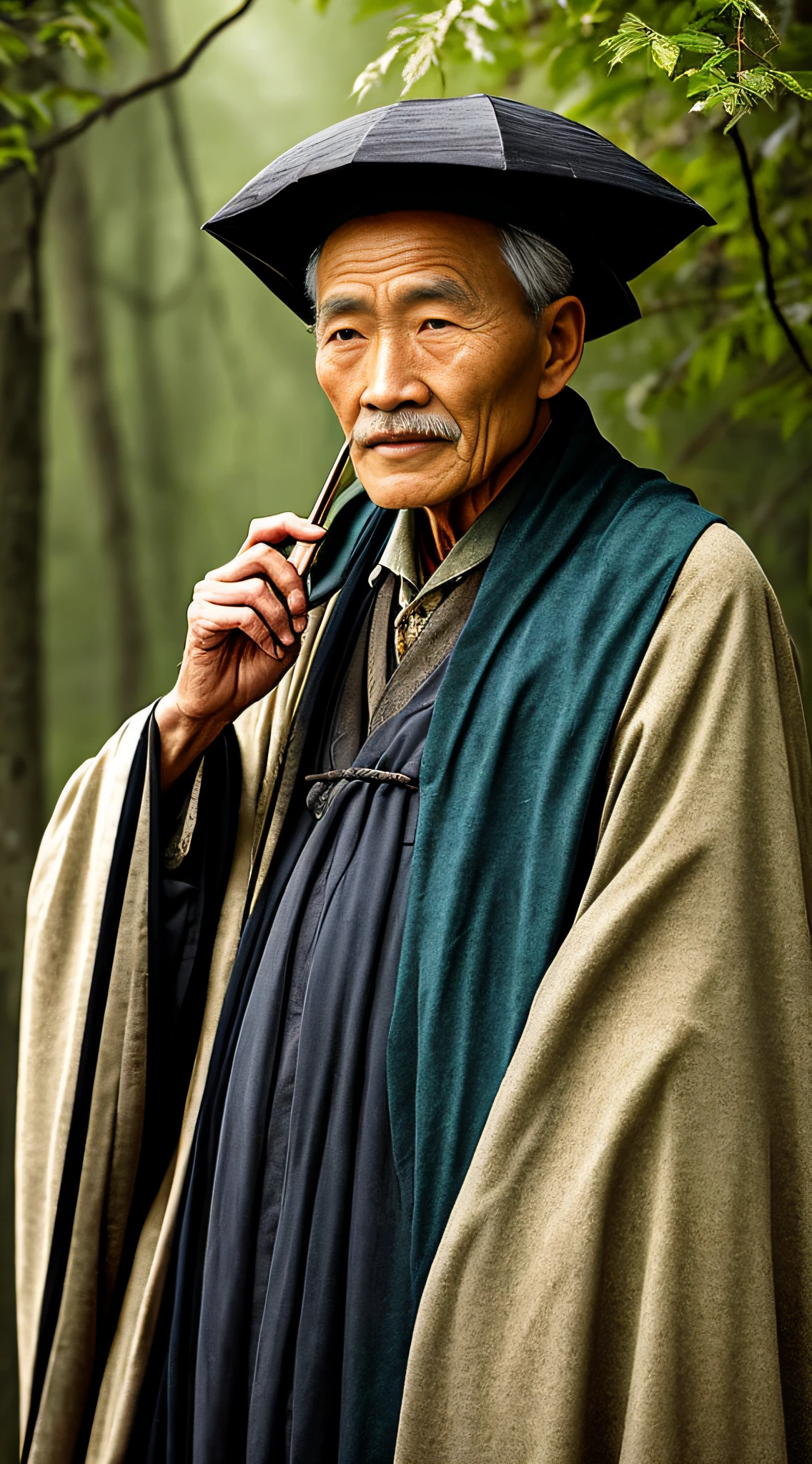 Portrait photography style, world masterpiece, super unique high professional digital art, film format, hyper-realism, color cinematography with ultra-fine details and quality, background is deep in the forest, an old man in rural China, an old man with wisdom. He wears an old cloak and his eyes are kind and shrewd. His skin has been blackened and powerful by the sun and rain, and the wrinkles are fixed on the corners of his mouth and forehead, making it seem that his years have precipitated. Although wearing a dark gown, although simple in appearance, it exudes sublime wisdom and a sense of tenacity of strength.