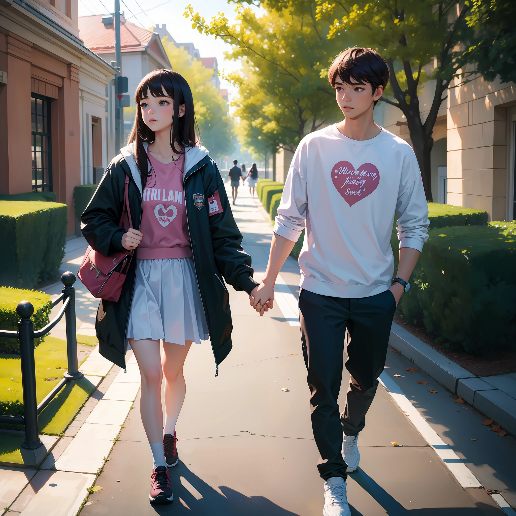 Meisterwerk,(Beste Qualität),hochdetailliert,ultra-detailliert,1 Mädchen,1 Junge,Hochschule students,walking on the Hochschule path,Händchen halten,(Rosa:0.8),(Weiß:0.6),(Grün:0.4),(süß:1.5),(Romantik:1.2),(Hochschule:1