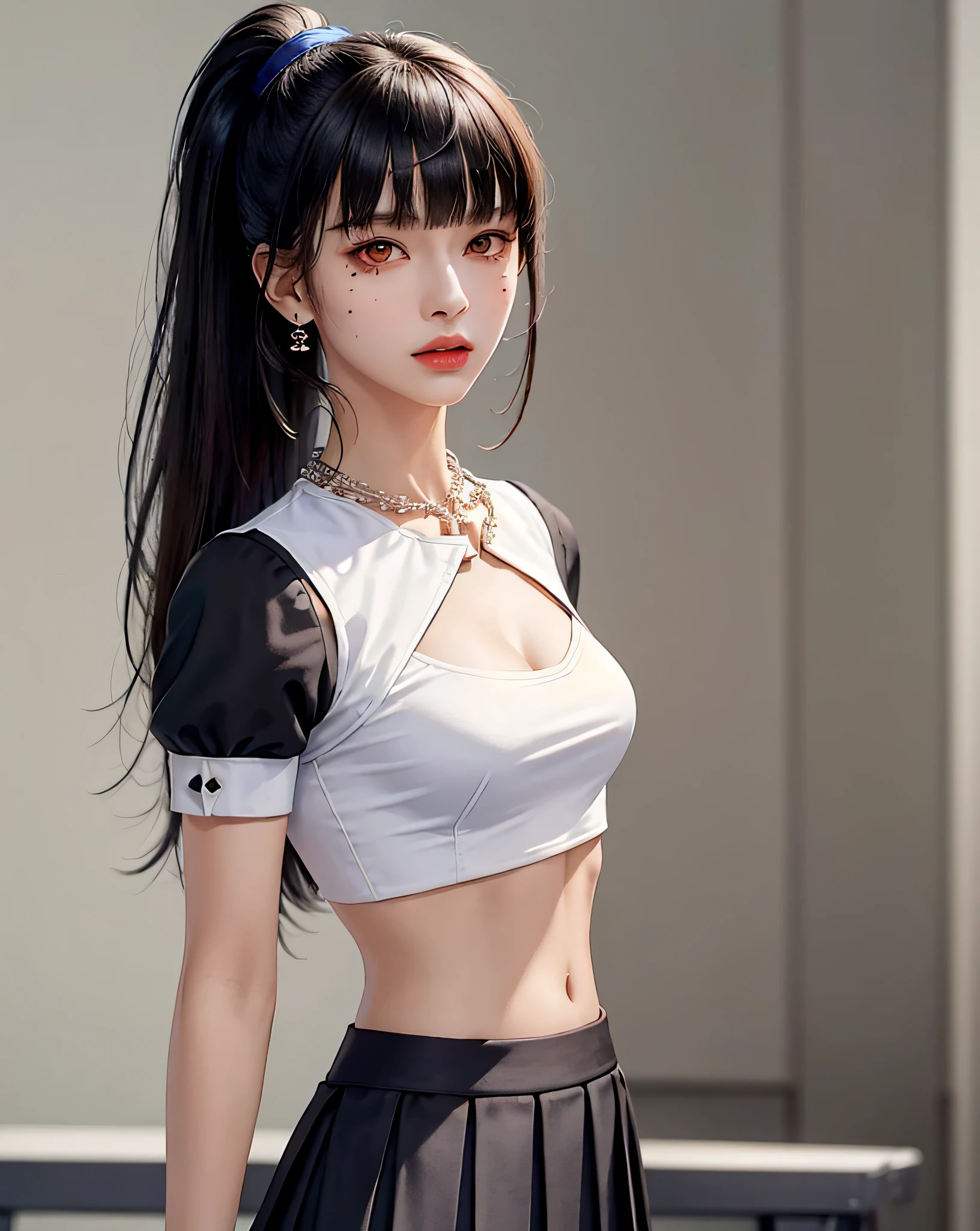 (Masterpiece, Best Quality, 1 Girl, Solo, Intricate Detail, Chromatic Aberration), (Reality), (Skin), 1 Girl Shizuku High Ponytail, ((Middle Breath)), (Brunet, Blunt Bangs), Detailed Hair, Red Heador, Blue Highlight, Hair More Than One Eye, Red Eye, Small Earrings, Sharp Eyes, Necklace, ((Black Crop Top Openwork)), (Symmetrical Eyes), (Perfectly Symmetrical Body), ((Natural Light))), Backlit, against gray walls, dim lighting, standing, (looking at the audience), ((Center shot, from the front, (face and waist) pronounced chest line Deep V realistic, high resolution, 1 girl, black wavy hair, small mole under the eyes, white shirt, black pleated skirt, pronounced chest line, long legs, tight abs, dynamic pose, catwalk Chest line Black pleated skirt Jacket revealing white bra Navel eyes High ponytail