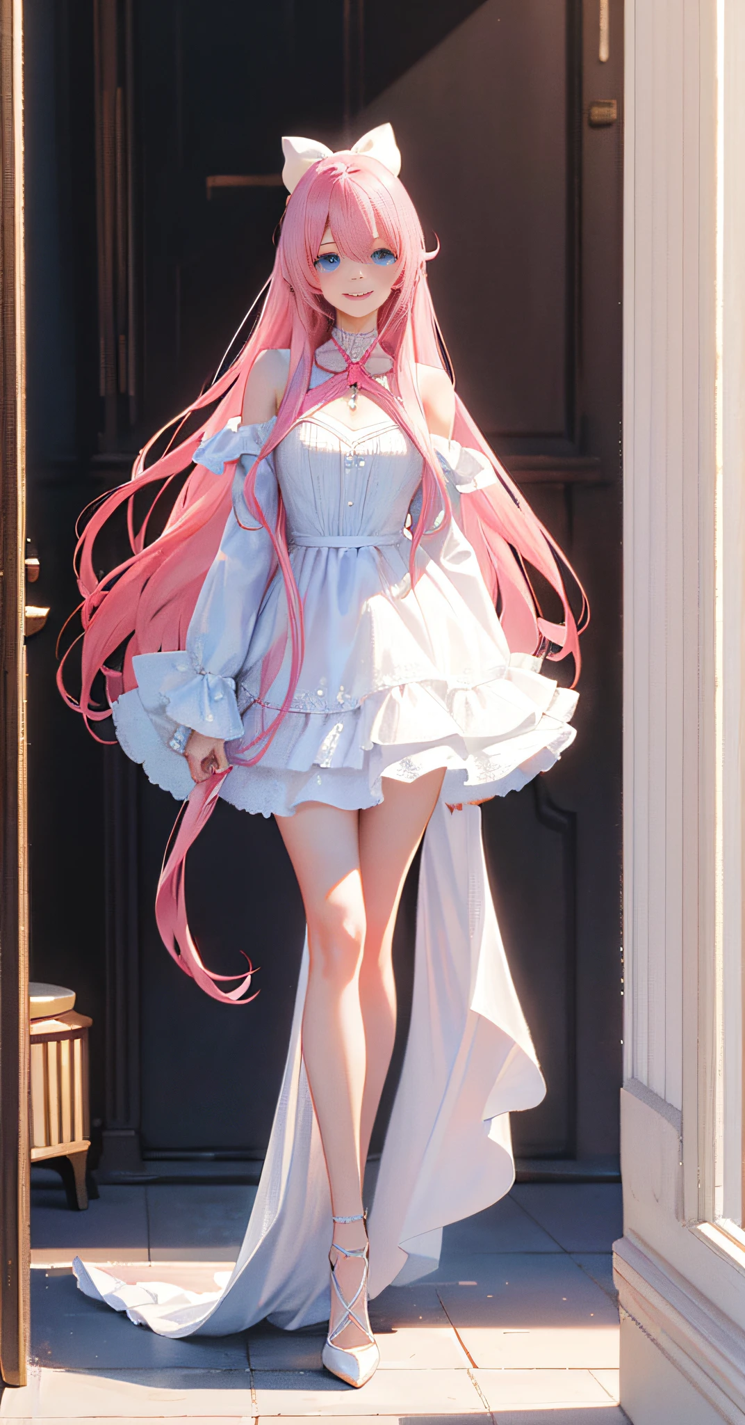 (8k, RAW photo, best quality, masterpiece: 1.3), (realistic, photo realistic: 1.37), slender legs, crystal high heels, incredibly long hair, pink hair, white bow, pink wedding dress, smile, blue eyes, delicate jewelry, gorgeous jewelry