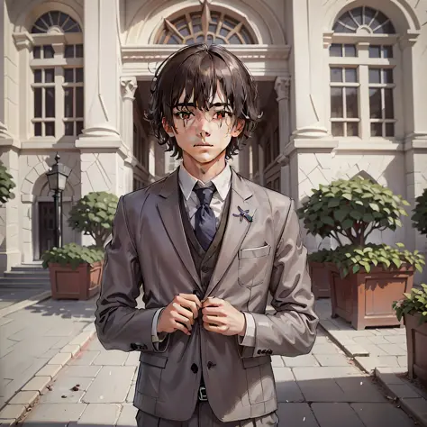 A boy in a suit stands in front of a leading university looking into camera
