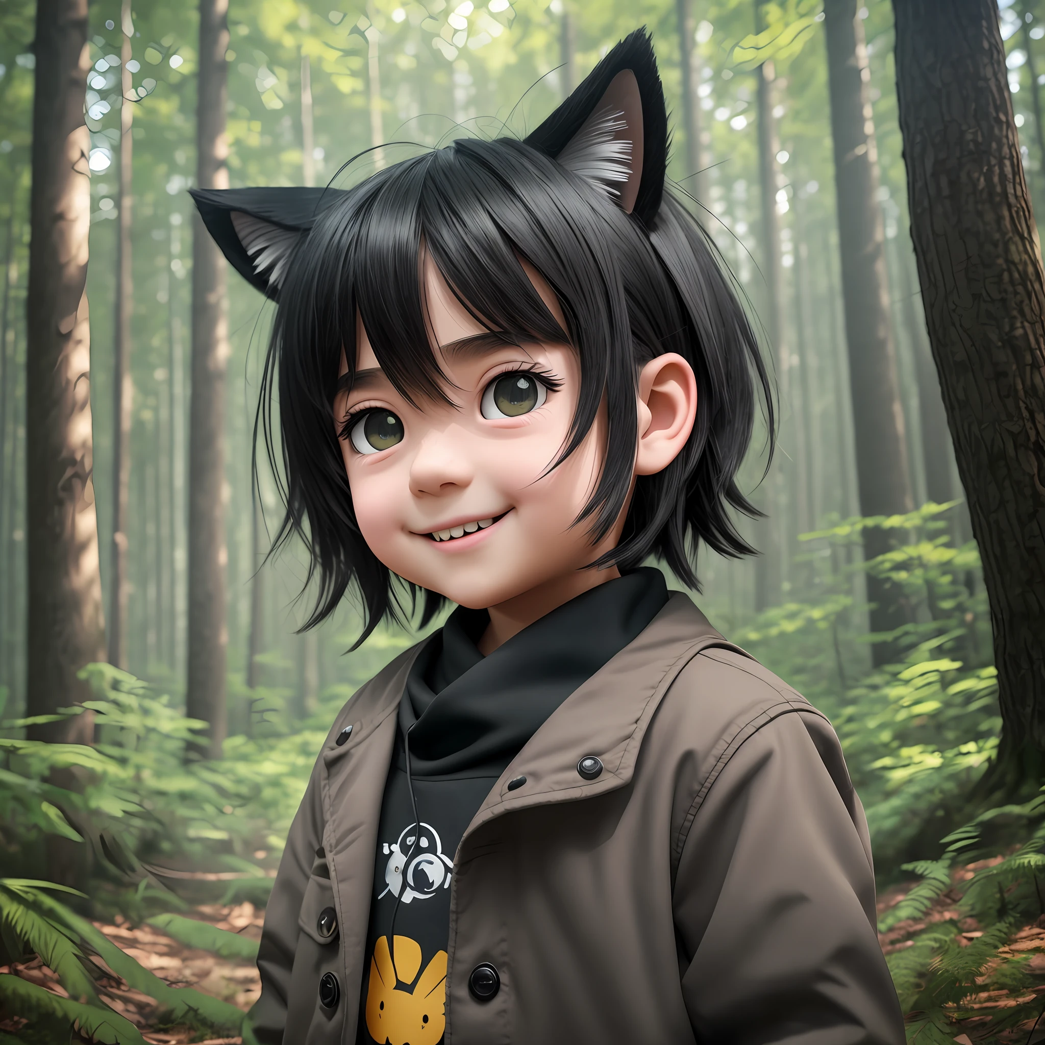 Anime character with black hair and cat ears in a forest - SeaArt AI