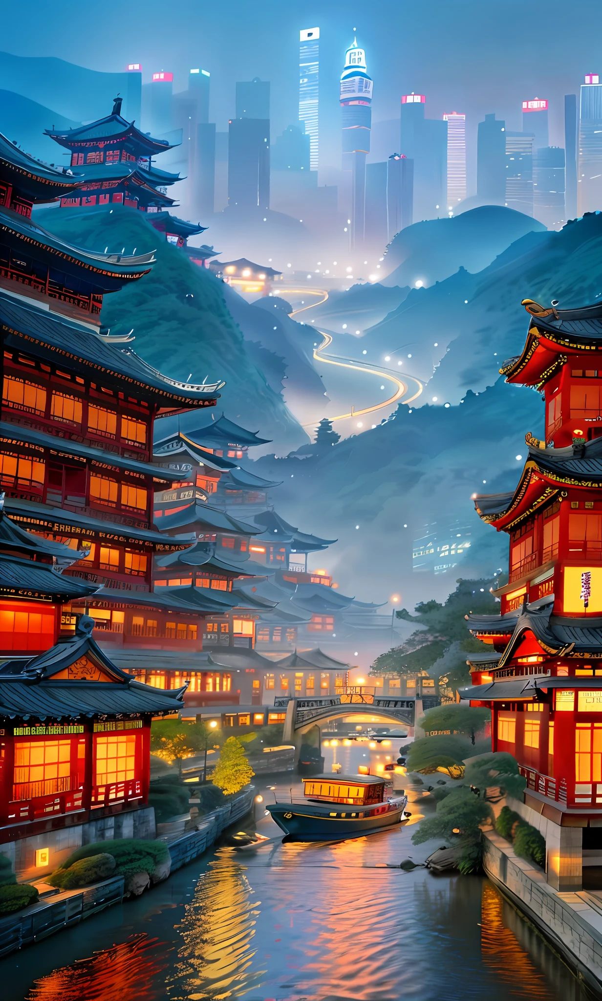asian architecture in a city at night with a boat passing by, dreamy chinese town, ancient chinese architecture, japanese city, colorful kitsune city, digital painting of a pagoda, japanese city at night, cyberpunk chinese ancient castle, beautiful render of tang dynasty, japanese town, kyoto inspired, chinese architecture, amazing wallpaper, pagodas on hills