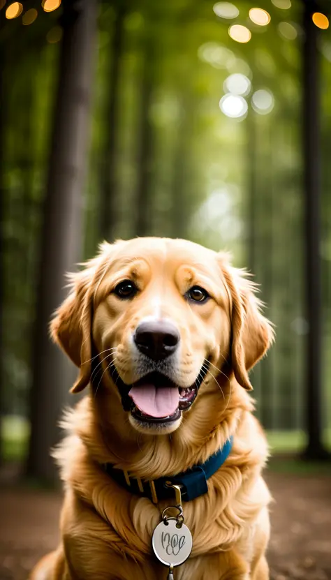 There is a dog sitting at the concert scene, close-up portrait shot, golden retriever, wide golden eyes, beautiful dog head, happy expression, portrait of dog, cute dog full of golden layers, night, brilliant lights, starry sky