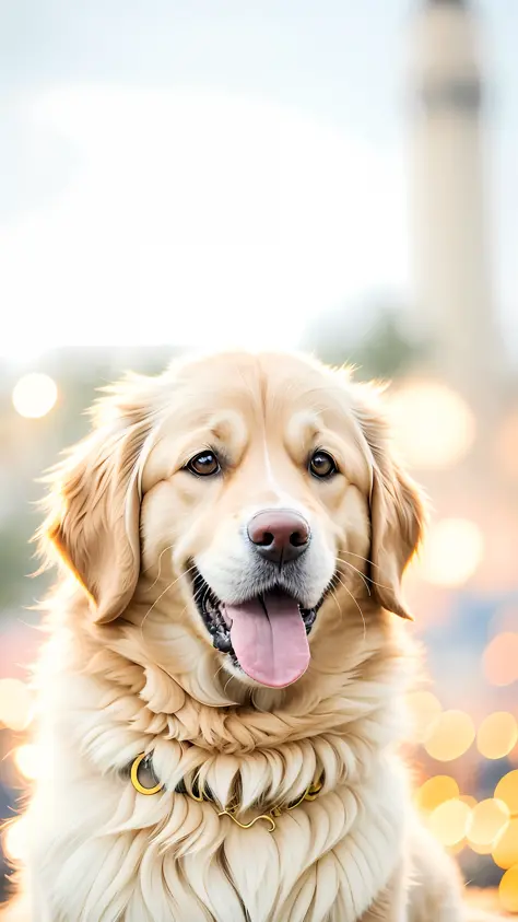 There is a dog sitting at the concert scene, close-up portrait shot, golden retriever, wide golden eyes, beautiful dog head, happy expression, portrait of dog, cute dog full of golden layers, night, brilliant lights, starry sky