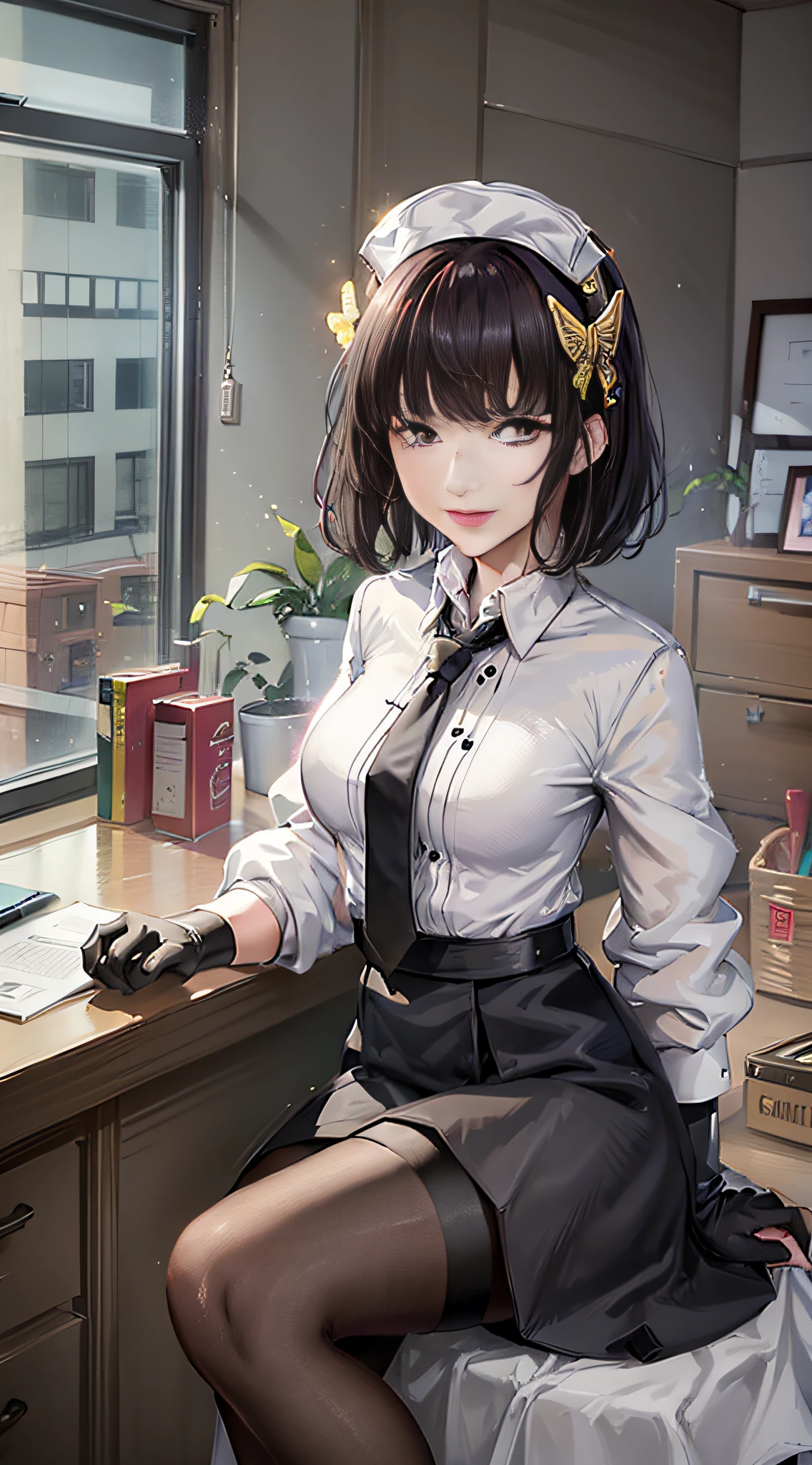 (masterpiece, best quality:1.2), solo, 1girl, yosano akiko, smile, looking at viewer, sitting on a stool, bangs, butterfly hair ornament, white collared shirt, black necktie, short sleeves, black skirt, black pantyhose, black gloves, nurse's office, doctor's office