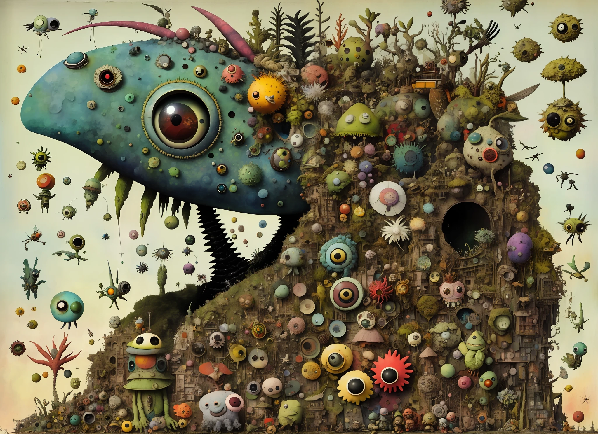 gonzobugs moss monster with pointy ears, deep sea fishing, vehicle, agate geode dandelion clowncore, war-torn post apocalyptic wonderland, fauvism , Caspar David Friedrich , Takashi Murakami , Diane Dillon , album cover art, perfect, smooth, pixiv, cgsociety,