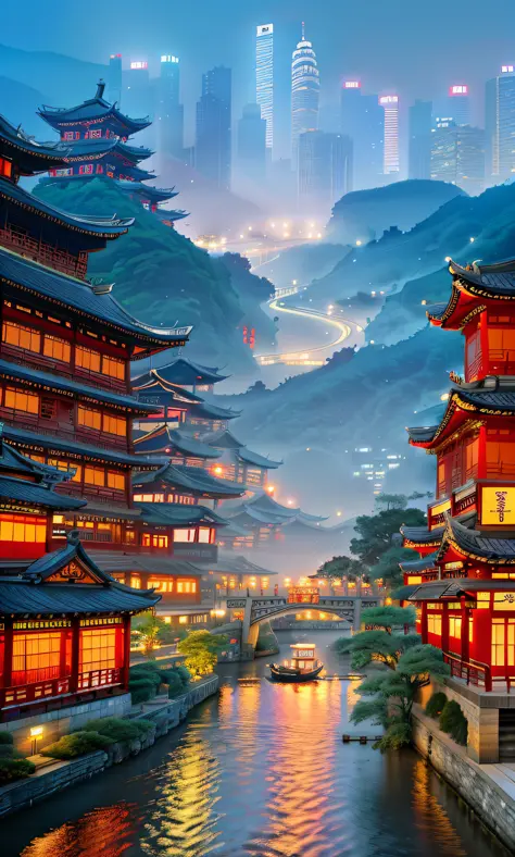 asian architecture in a city at night with a boat passing by, dreamy chinese town, ancient chinese architecture, japanese city, colorful kitsune city, digital painting of a pagoda, japanese city at night, cyberpunk chinese ancient castle, beautiful render ...