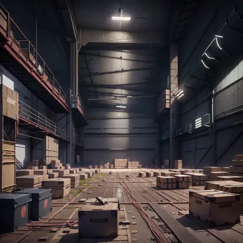 Inside the factory has boxes, factory background, interior lights, no sunlight [[1]], Overwatch building, [[empty factory]] back...