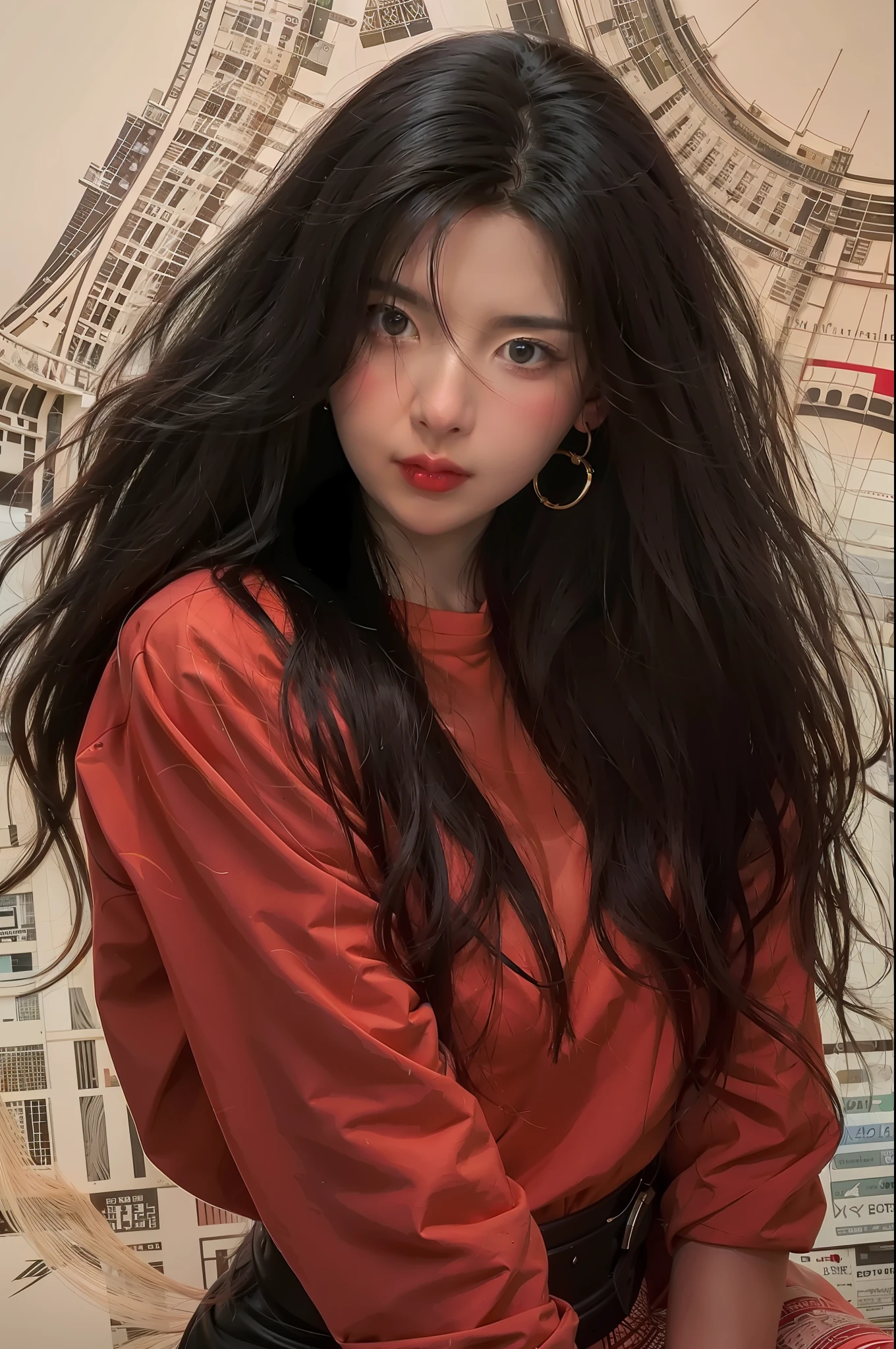 a close up of a woman with long black hair and a red shirt, satoshi kon artstyle, rin tohsaka, manhwa, anime style illustration, digital anime illustration, ilya kuvshinov with long hair, in the art style of bowater, retro anime girl, urban girl fanart, korean art nouveau anime, trending on artstration, anime illustration