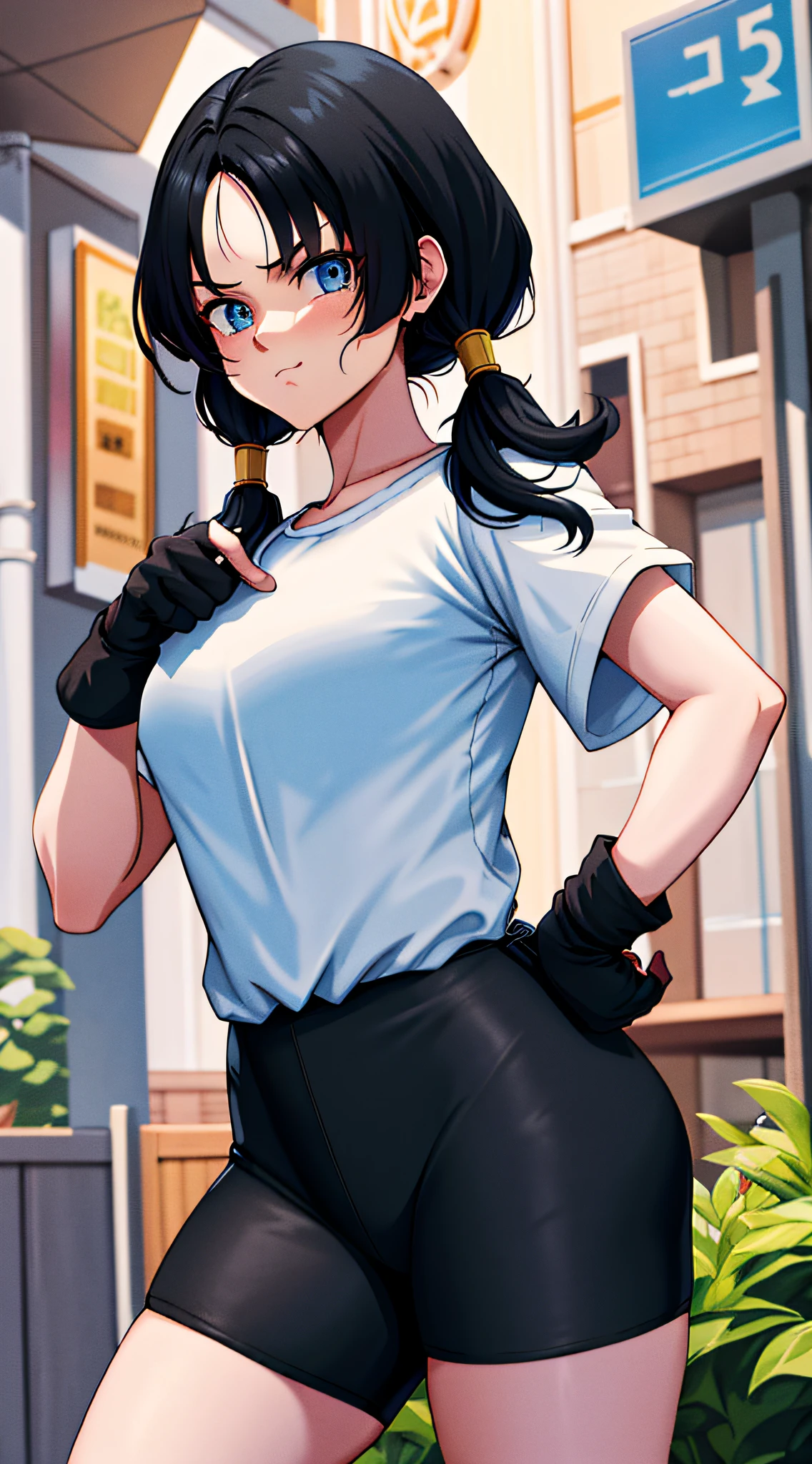 masterpiece, best quality, highres, videl2, solo, blue eyes, black hair, twintails, black gloves, bike_shorts, bangs, white shirt, badge, medium breasts, cowboy shot, frown, hand on hip, leaning forward, pointing at viewer,