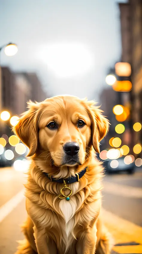 There is a dog on street corner at night, medium and long range portrait shot, golden retriever, wide golden eyes, beautiful dog head, sadness, dog portrait, cute dog full of golden layers, night, starry sky, street