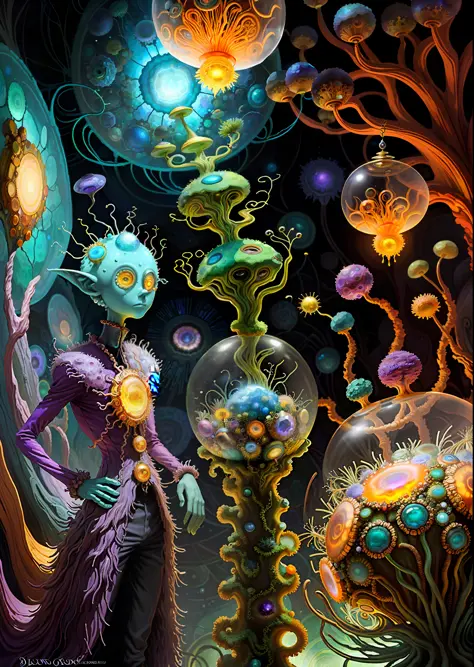 Elfin protozoa, surreal, dandelionwanderer, agate geodes, by Dan Mumford, , Dr. Seuss, WLOP, , dandelionseer, flowervirus, big e...
