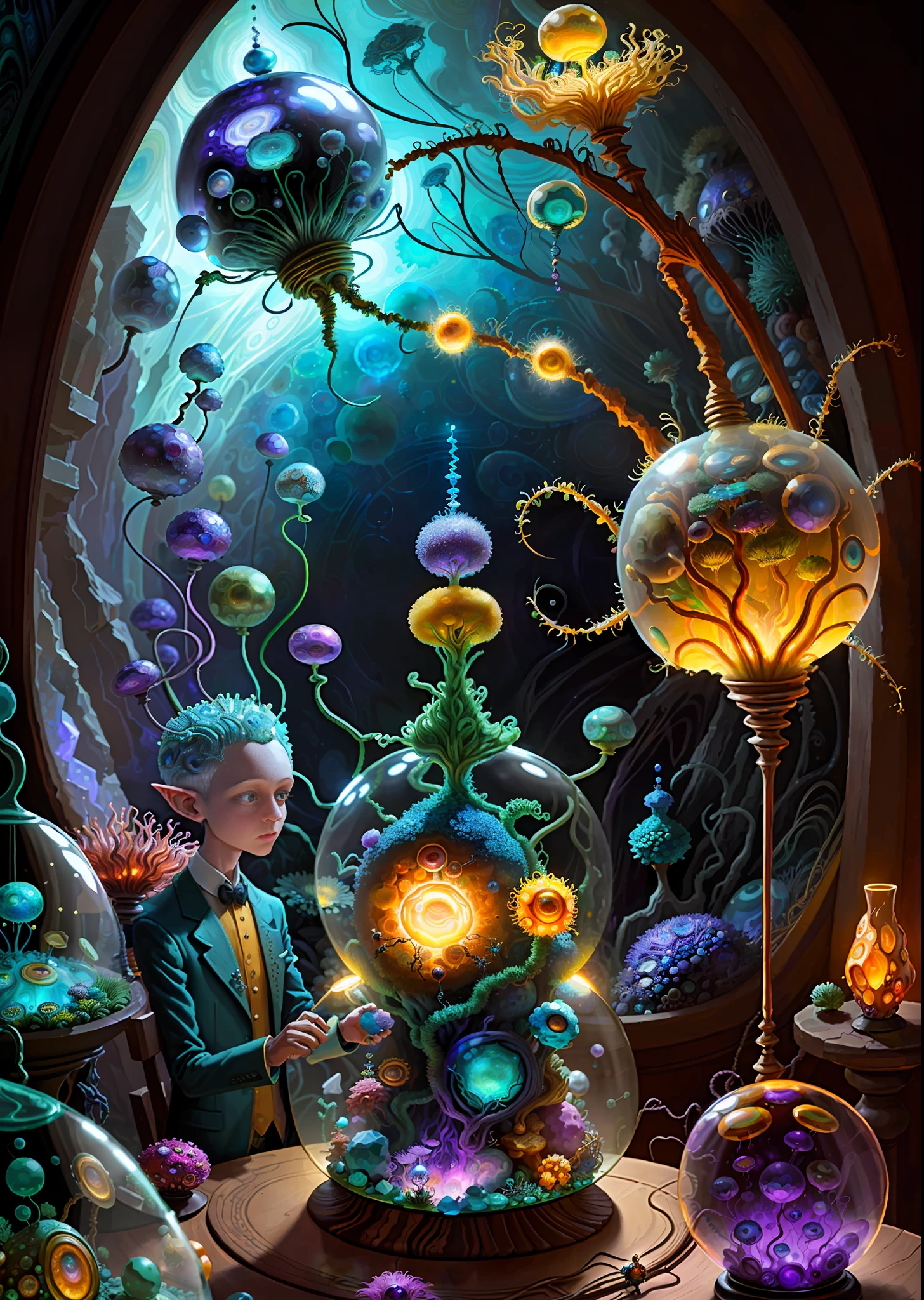 Protozoaires elfiques, surréaliste, marcheur de pissenlit, géodes d&#39;agate, par Dan Mumford, , Docteur. Seuss, wlop, , pissenlit, virus des fleurs, gros yeux