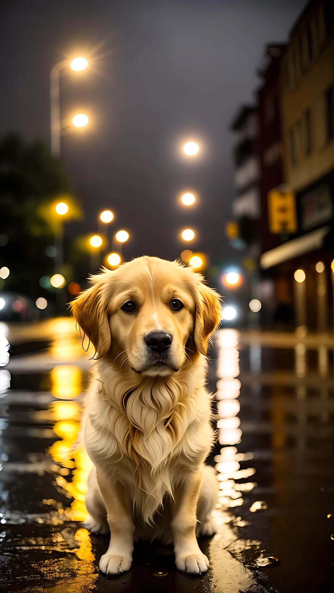 There is a dog on улица corner at ночь, средний и дальний план, золотистый ретривер, сторона, широкие золотые глаза, красивая голова собаки, грустный, мокрые волосы, Милая собачка, полная золотых слоев, ночь, Звездное небо, улица, ливень, вода на дороге