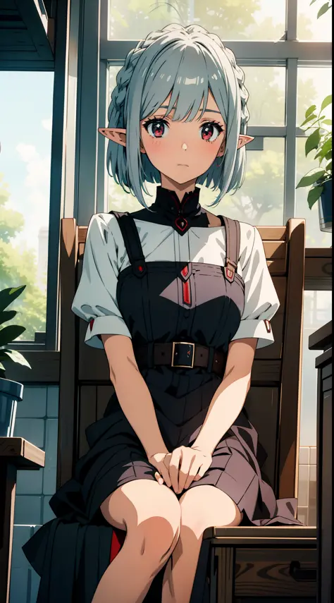 1 Girl closeup, elf, silver hair, red eyes, bob cut, braid, hands together in front of face, sitting on chair, embarrassed, blus...
