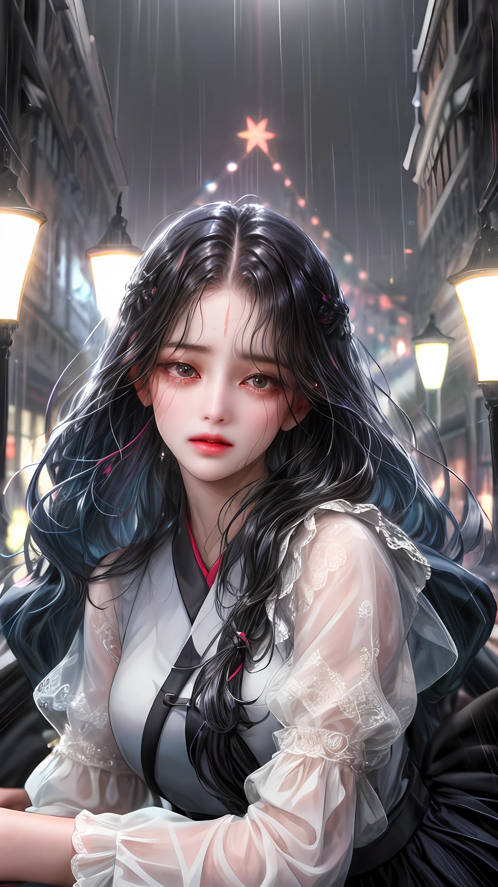 (absurd, highres, ultra detailed), 1girl, solo, mature, (very long hair, black hair, bangs: 1.4), long dress, long sleeves, colorful, highest detail, upper body, 21st century, girl of today, scenery city of korea, at night, night scenery, with many buildings and lights, she crying in the rain, really sad, her expression on her face is very painful,  Completely black hair with tears down her cheeks, expression on her face really painful, very sad eyes