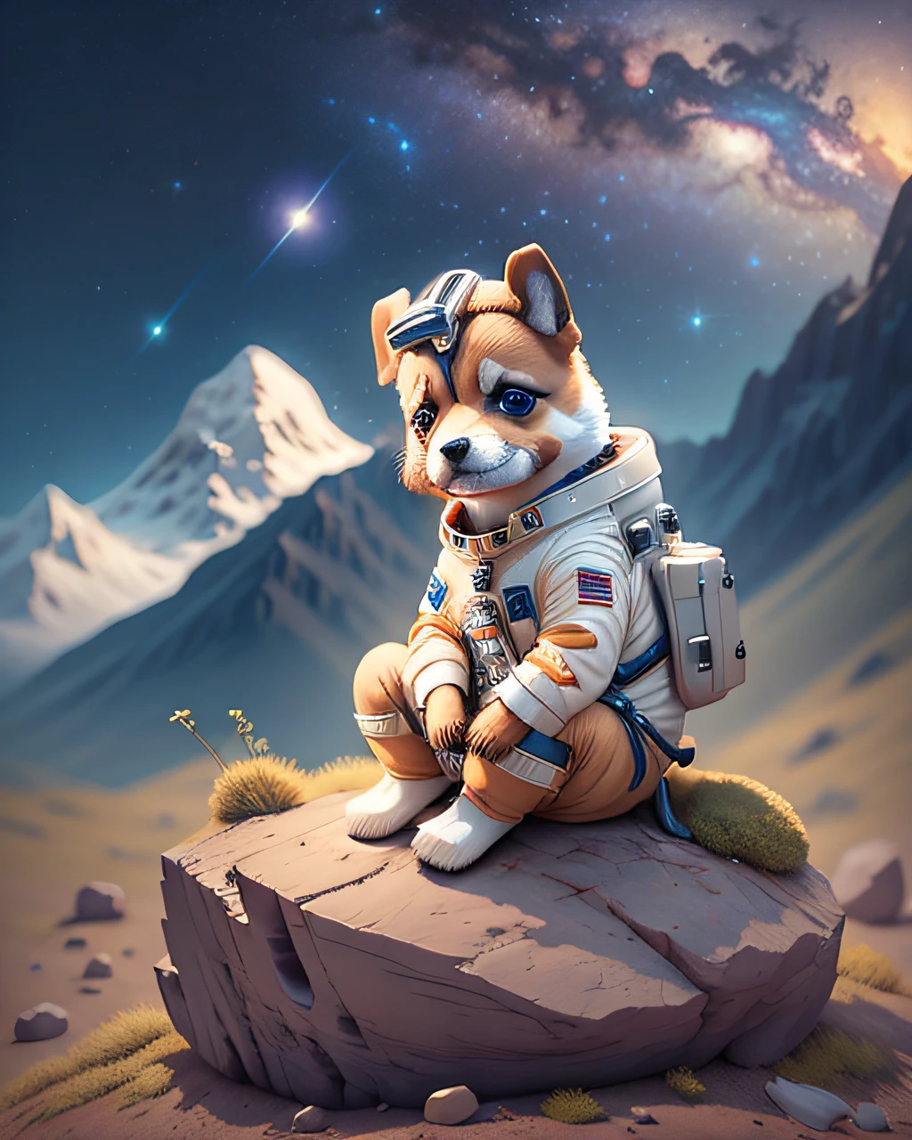 Un lindo perro con disfraz de astronauta, sentado sobre una roca sólida, Vía láctea en el fondo