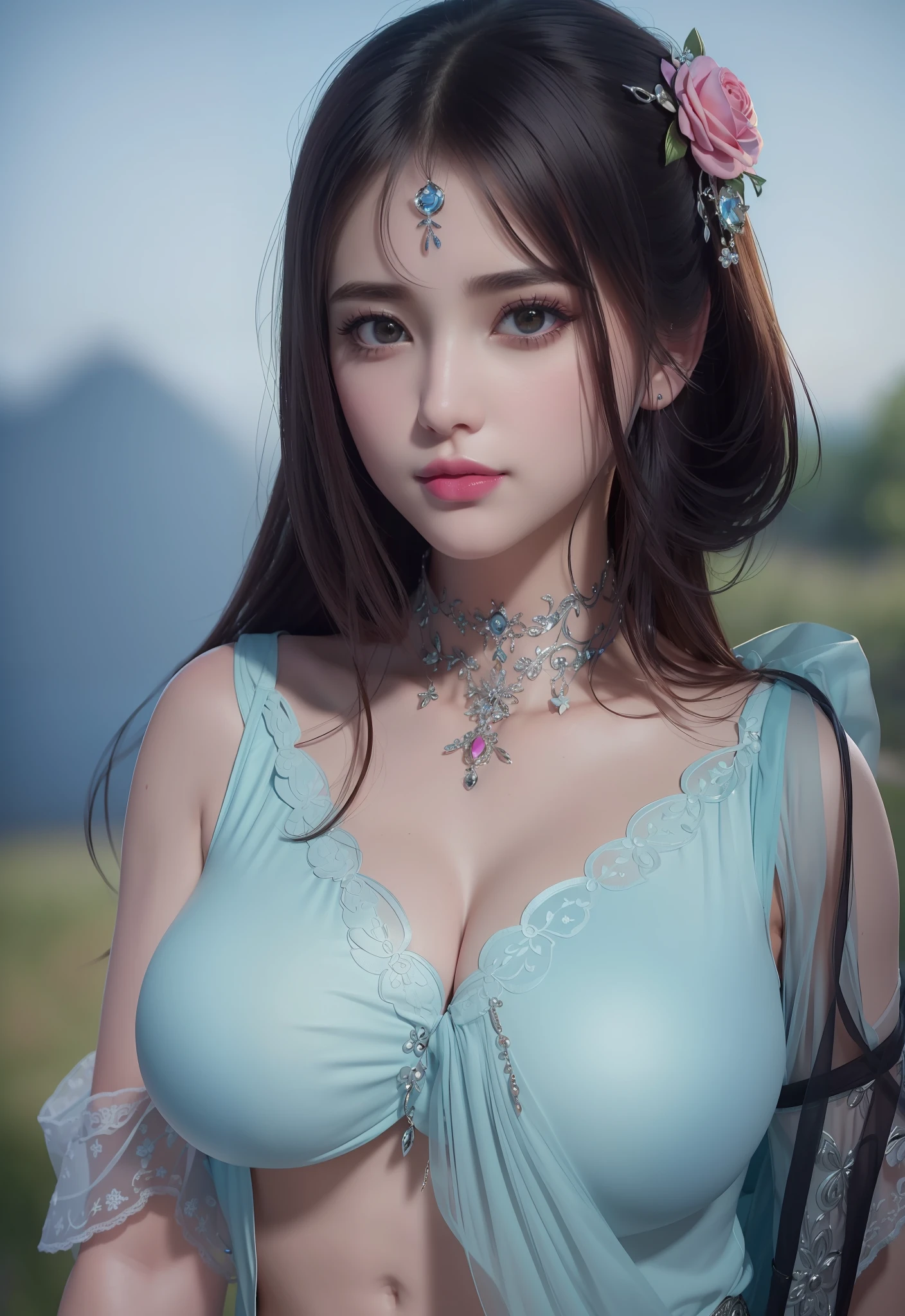 (masterpiece, best quality, extremely detailed 8k, ultra hd, ultra-detailed, highly detailed, highly realistic, ultra-realistic, photo realistic), (1girl:1.5), (detailed realistic skin), (realistic big breasts), (pink lipstick), slender abs,