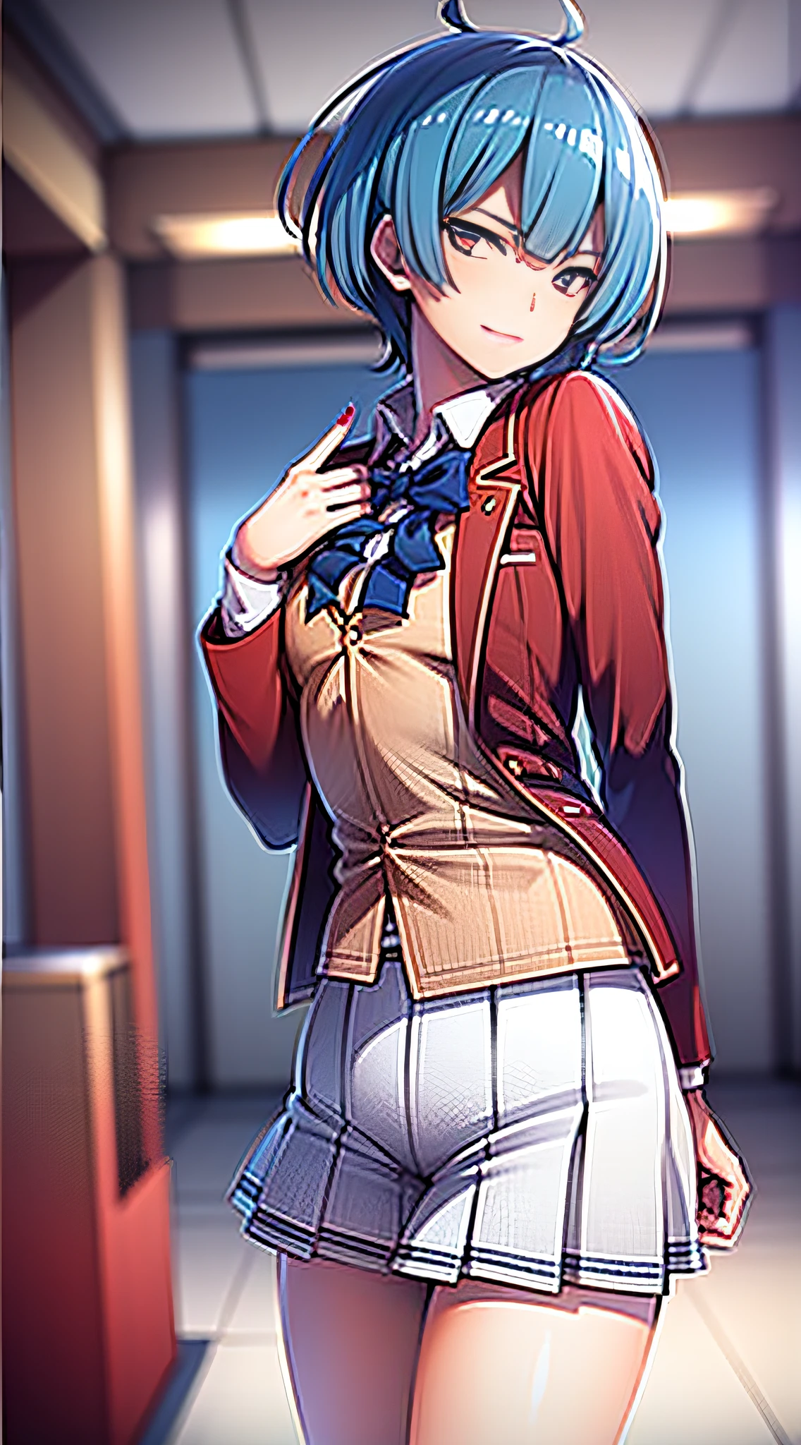 Anime girl in short skirt and jacket posing in a hallway - SeaArt AI