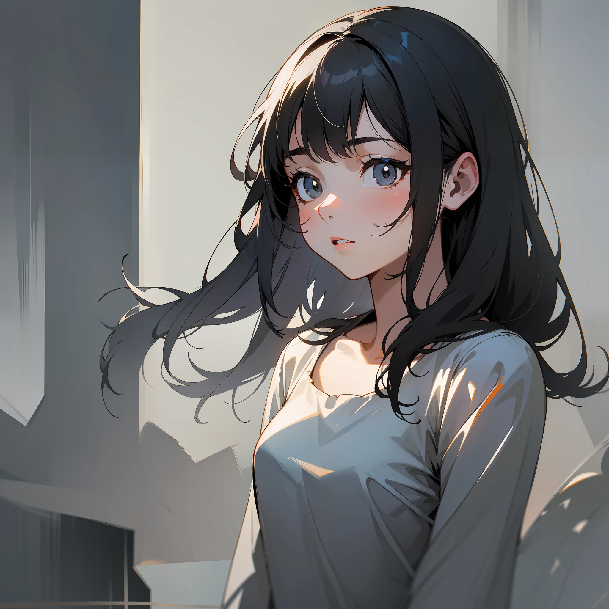 High-quality light and shadow, delicate comic style, minimalist black-haired girl, showing a light and dark shadow against a monochromatic background.