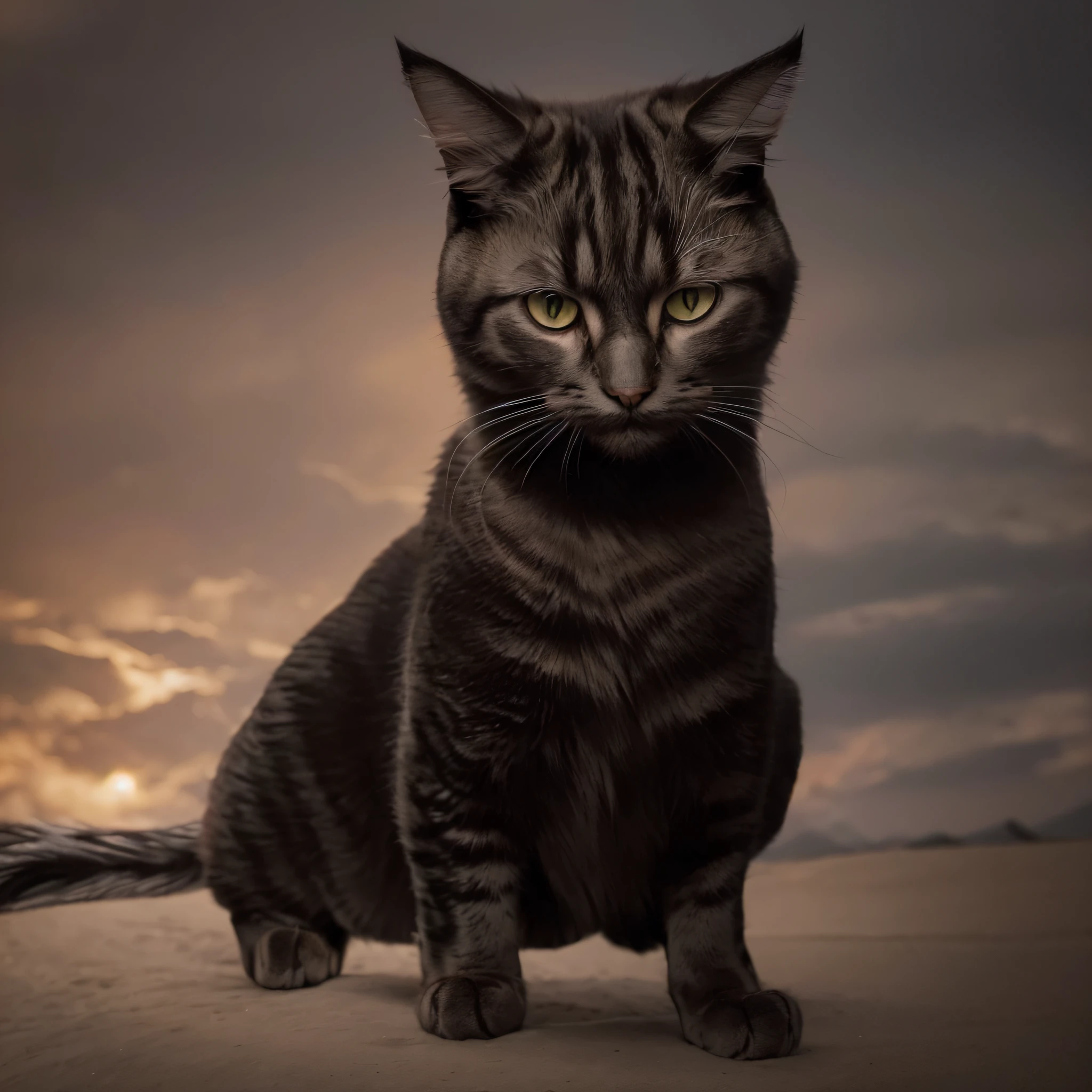 Detaillierte Darstellung einer majestätischen Katze in einer glänzenden  silbernen Rüstung, wobei jedes Element der Rüstung deutlich sichtbar ist,  vor einem dunklen Hintergrund, dramatischer Hintergrund, der die königliche  und imposante Präsenz der Katze