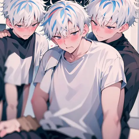 Weak boy, white hair, white shirt, expression crying sitting on the ground, surrounded by several men, upper body, blush, shy, K...