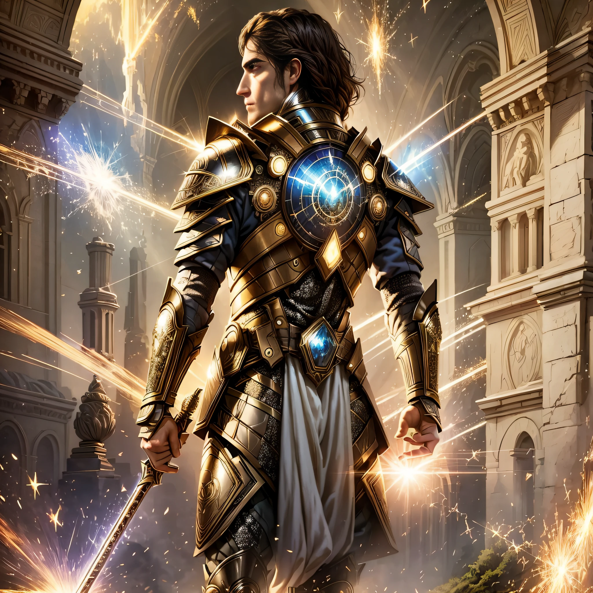 (ridiculous, high resolution, super detailed, HDR), masterpiece, best quality, a brunette male warrior, fully dressed in armor, facing away from the camera, fantasy, celestial body, spark, ray, beam of light, magic ray, magic spark