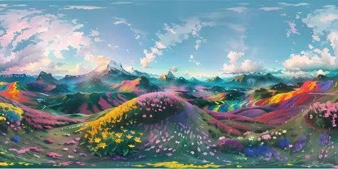 Verism, ray tracing, UHD, masterpiece, super detail, 8k
, depicting colorful landscapes including mountains, fabulous flower hills, psychedelic landscapes, color field paintings. 8k, extraordinary colorful landscape, surreal Wises flowers, scenic colorful ...